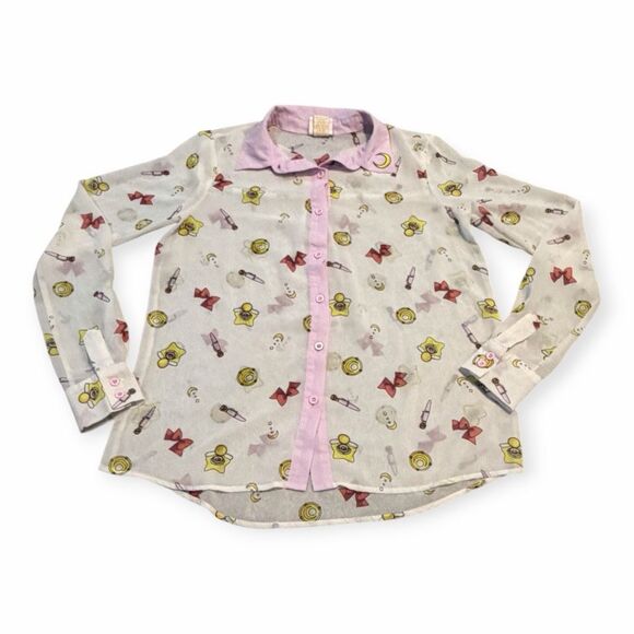 SAILOR MOON Women’s White Pink Long Sleeve Allover Print Button Up Blouse Medium - Picture 3 of 8